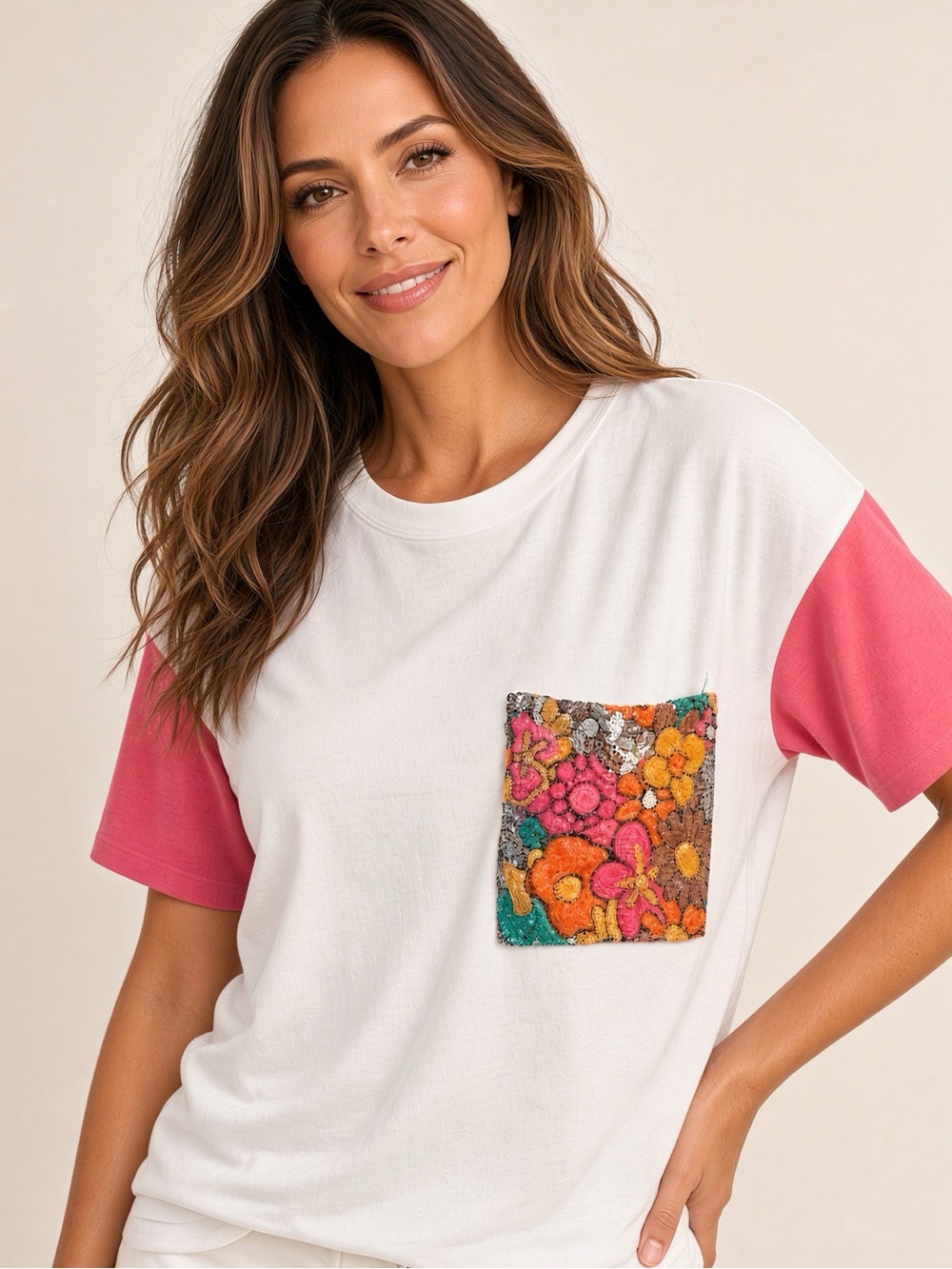 Tibi Floral Pocket Contrast Sleeve Tee - White & Pink